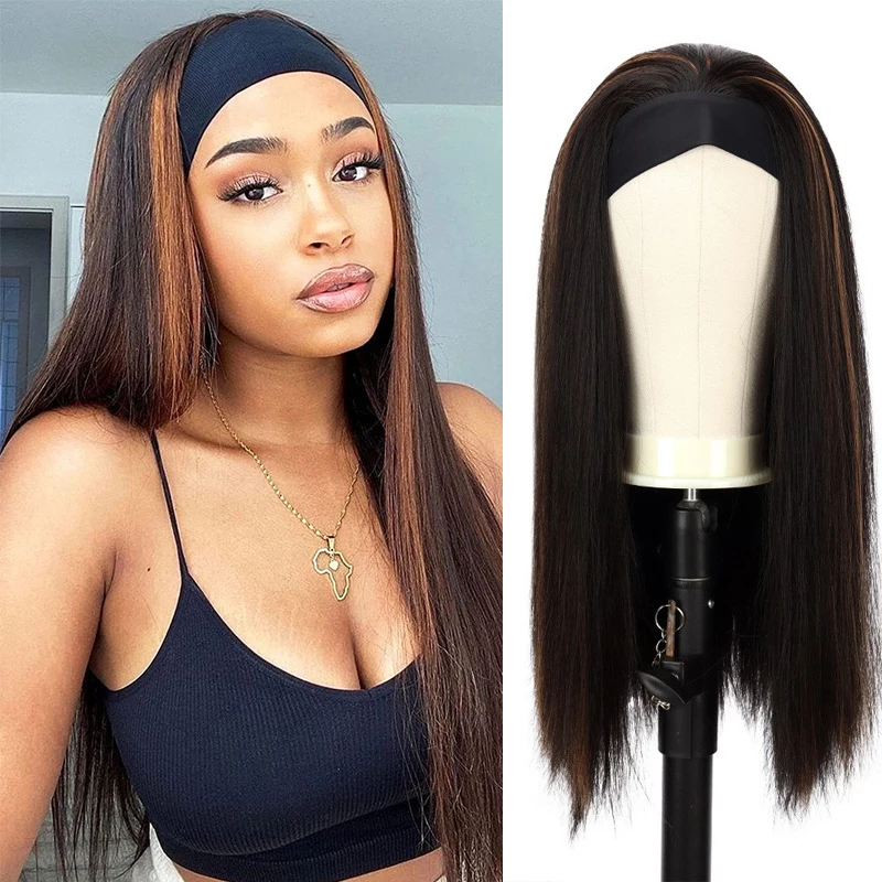 

European and American style headscarf for women, long straight hair, mixed color synthetic fiber headband wigs