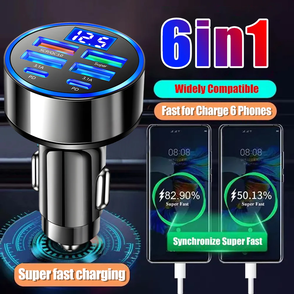 6 in 1 Digital Display Car Charger 4USB+2PD Support Super Fast Charging DC12-24V Multi Port Digital Display Mobile Phone Charger