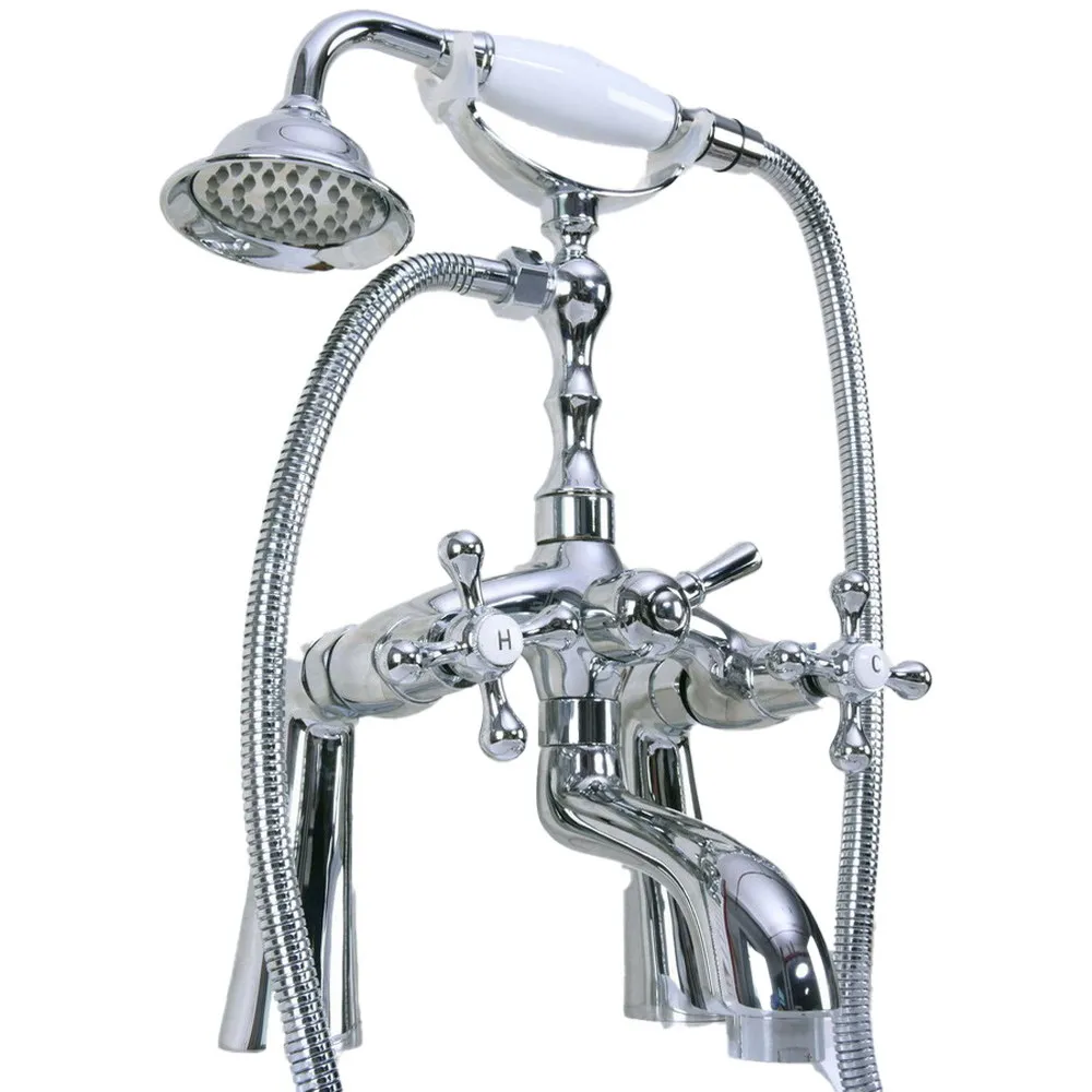 

Polished Chrome Bathroom Shower Faucet Deck Mounted Bathtub Faucets Dual Handle Mixer Tap with Hand Spray tna123