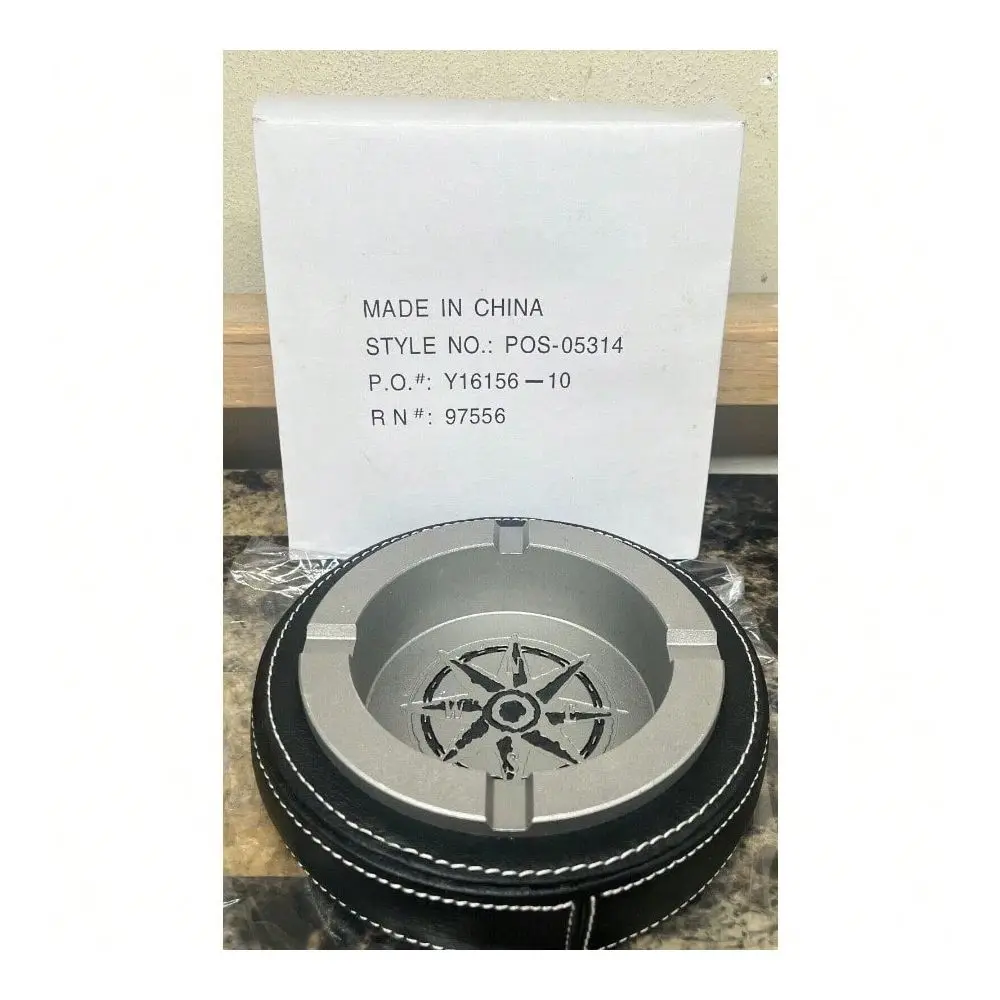 

Cast Aluminum Andamp Leather Compass Ash Tray Promo Item NEW