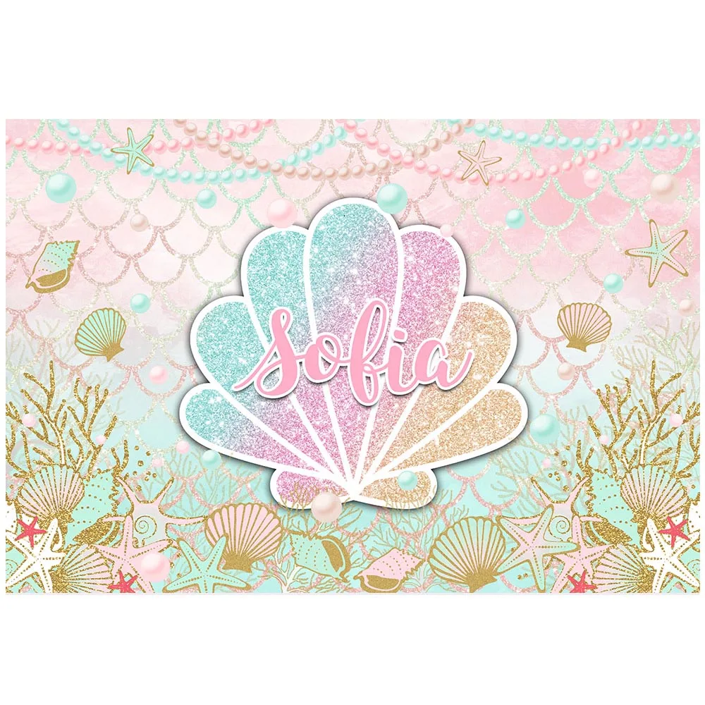 Mocsicka 인어 생일 파티 사진 배경 장식 셸 진주 신생아 Photoshoot 베이비 샤워 배경 이름을 사용자 정의