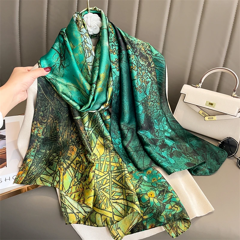 Fashion 180x90cm Satin Silk Scarf Women Luxury Large Shawl Wrap Muslim Hijab Headband Beach Stoles Female Bandana Foulard Turban