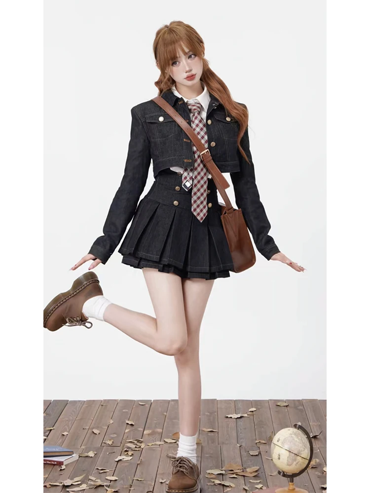 

Strive Umei Sweet And Spicy College Style Denim Jacket Women Summer Design High Waist Pleated Skirt Set plus Size Fashion