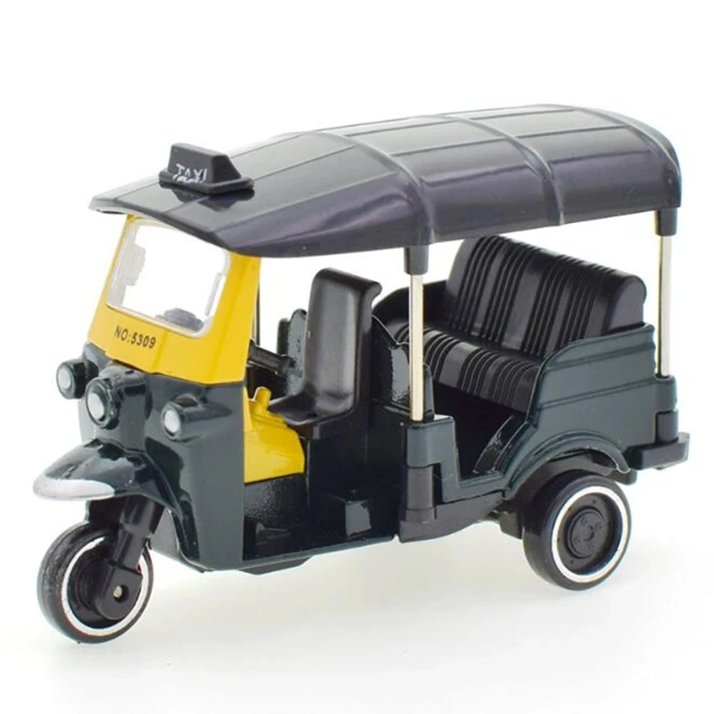 1:43 Scale Alloy Simulation Taxi Model Bangkok India Tricycle Diecast Vehicle Classic Autorickshaw Toys Collection Display Gift
