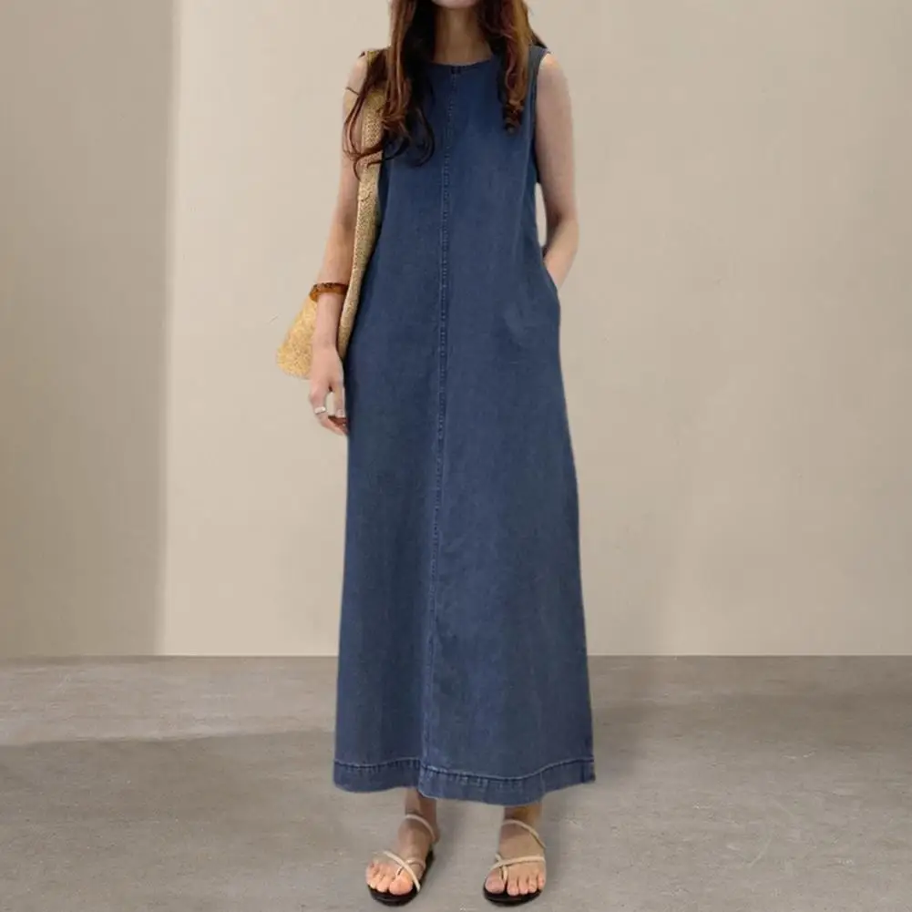 Women Round Neckline Dress Women Dress Stylish Ankle-length Maxi Dress with Side Pockets Elegant Robe Type Vest for Wear Dating