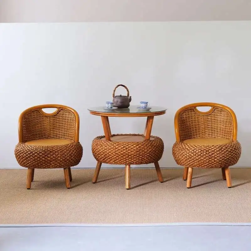 

Balcony Small Low Rattan Chair Three Piece Set, Simple Rattan Woven Backrest Chair, Round Rattan Woven Leisure