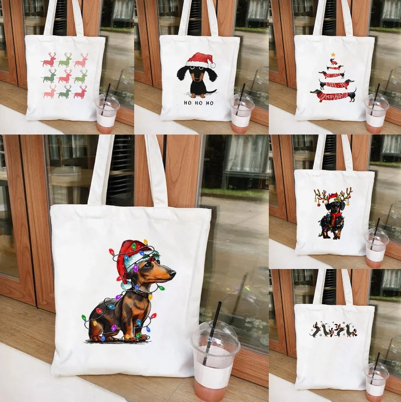 

Стильная рождественская сумка для покупок с рисунком собаки, парусиновая сумка для покупок в супермаркете, сумка для рождественской вечеринки, женская сумка