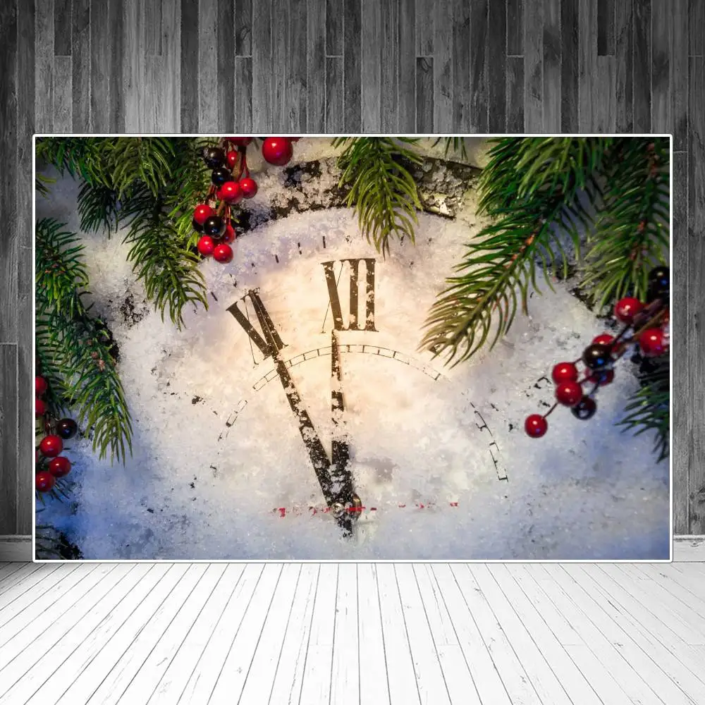 Christmas Pine Holly New Year Clock Snow Photography Backdrops Custom Party Home Decoration Photo Booth Photographic Backgrounds