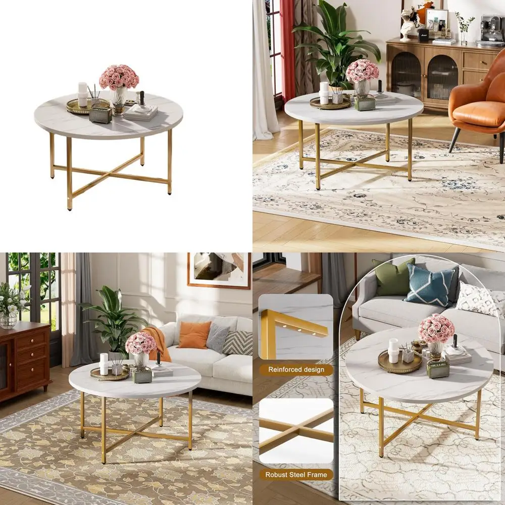 大きな白と金の丸いコーヒーテーブル、直径31.5インチ、高さ17.7インチ、リビングルーム、オフィス、パティオ、庭での使用に適しています。