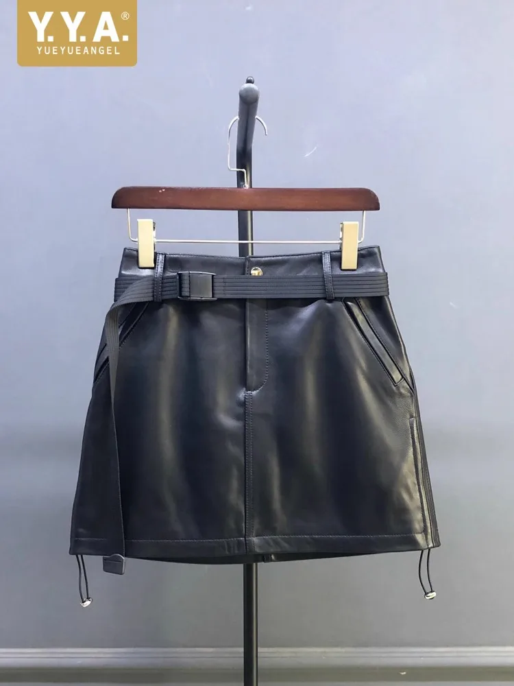 

New Fashion Women Autumn Genuine Leather Skirts Mid Waist A-Line Above Knee Length Natural Sheepskin Casual Skirt 4XL Hot Sale