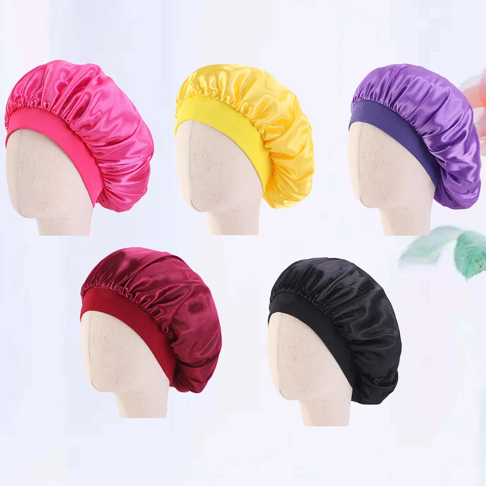 

5pcs Delicate Kids Elastic Sleeping Caps Hair Protection Cowls Wide Rim Hat Hair Accessories for Home Travel Trip (Yel