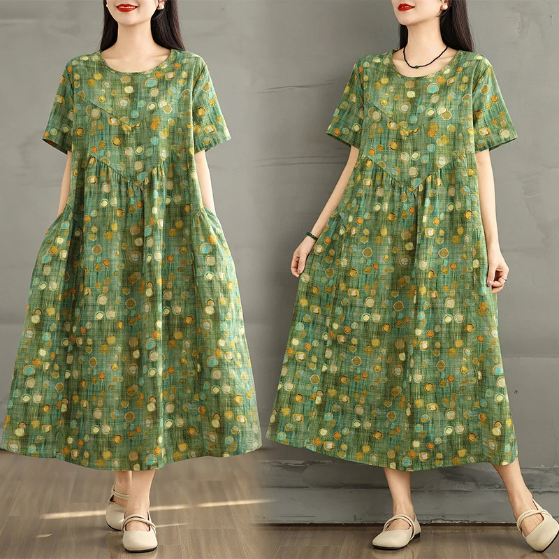 Women's retro cotton and linen O-neck printed short sleeved A-line dress loose long dress with pockets traf