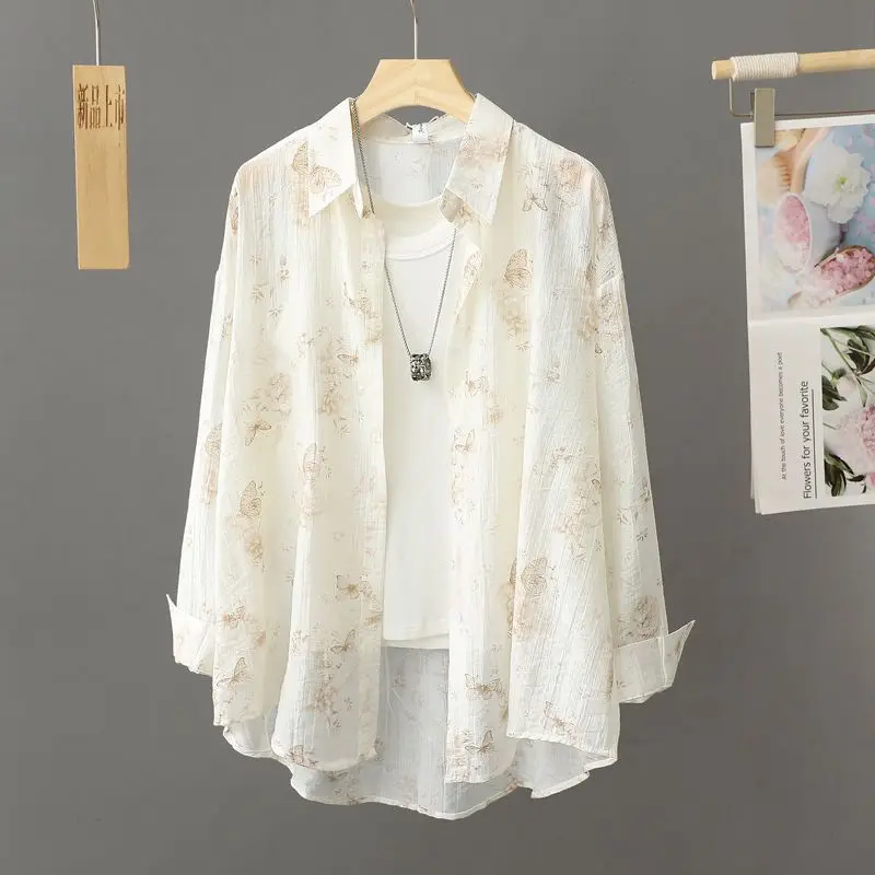 

Summer New Loose Women's Sun Protection irt Printed Thin Veil Open Cardigan Top Long Sve Collar Regular Thin