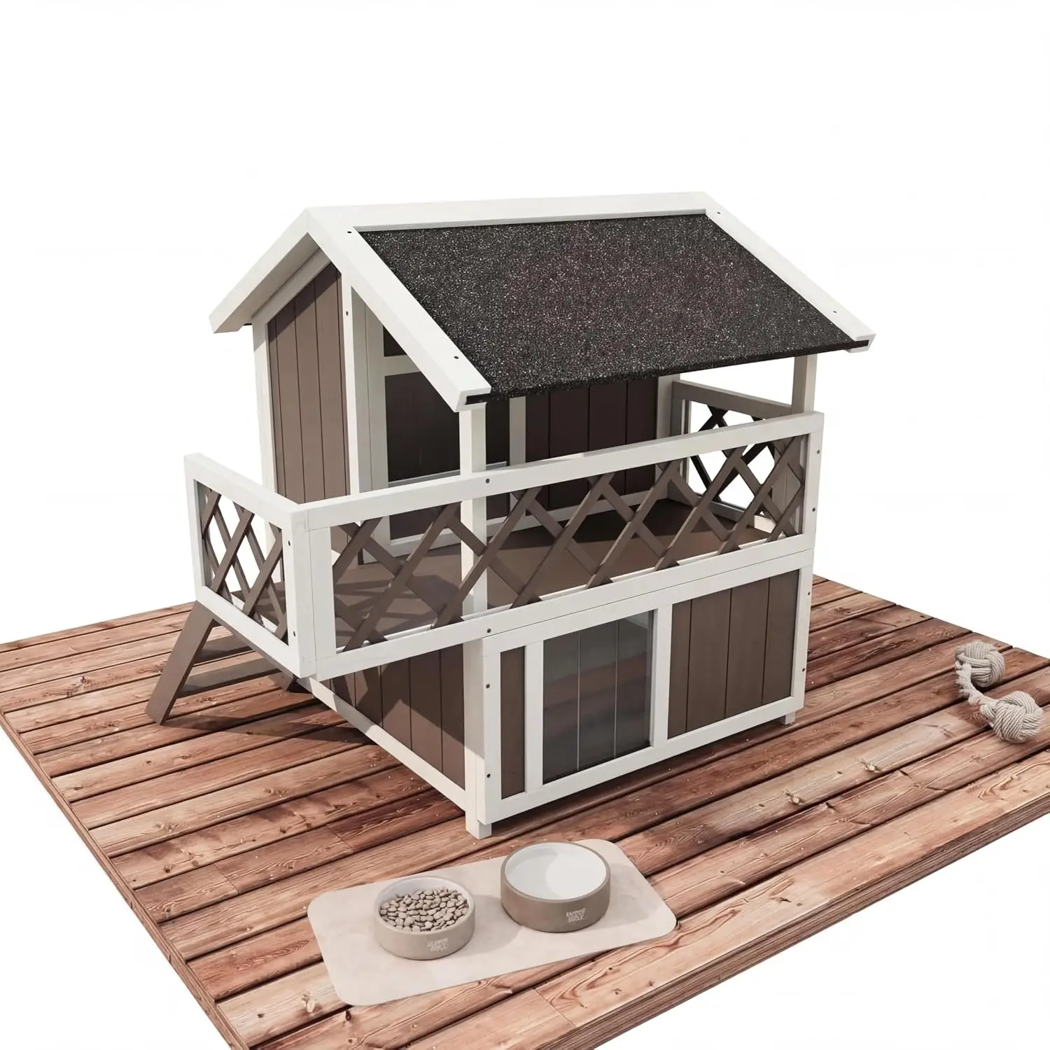 2-Story Weatherproof Cat House with Balcony Shade Steps Railings Raised Floor Shelter Cats Small Dogs Gray Wood, Customized