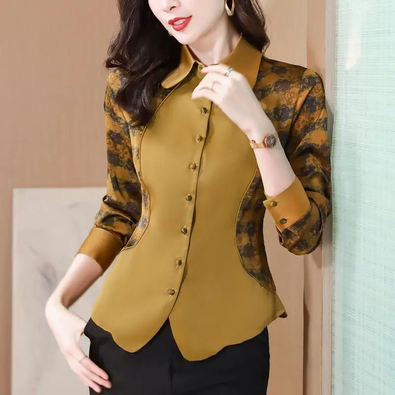 Women 2024 Spring New Middle Age Comfortable Patchwork Long Sleeves Tops Unique Lattice Flip Collar Corset Temperament Shirt