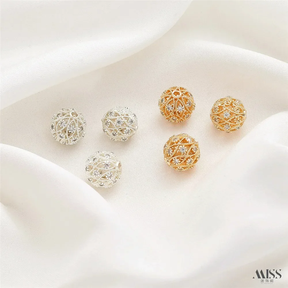 14K Gold-plated Hollow Out Full Set Zircon Embroidered Ball Flower Round Separated Beads DIY Bracelet Necklace String Accessorie