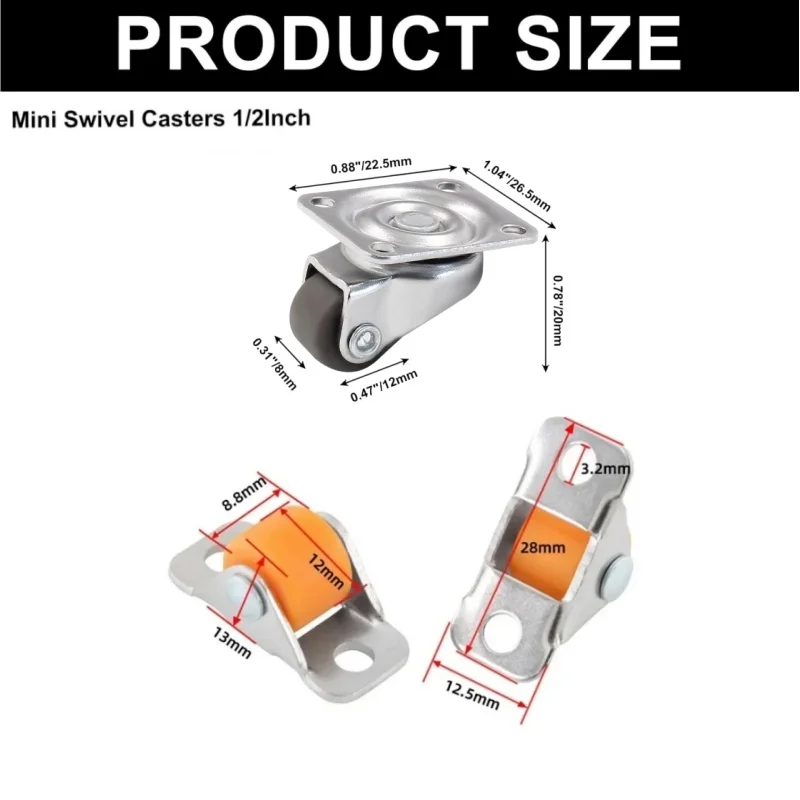 2/8pcs Universal Mini Wheel Caster,Furniture Linear Wheels 0.5 Inch 360° Rotation Pulley,Small Swivel Castor Trash Storage Boxes