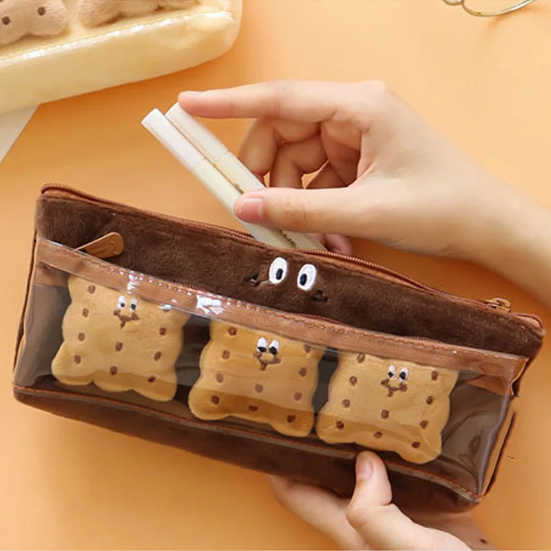 Korea Cute Plush Biscuits Girls Heart Male Female Pencil Bag Funny Pencil Cases Student Stationery Supplies Large Capacity Pouch