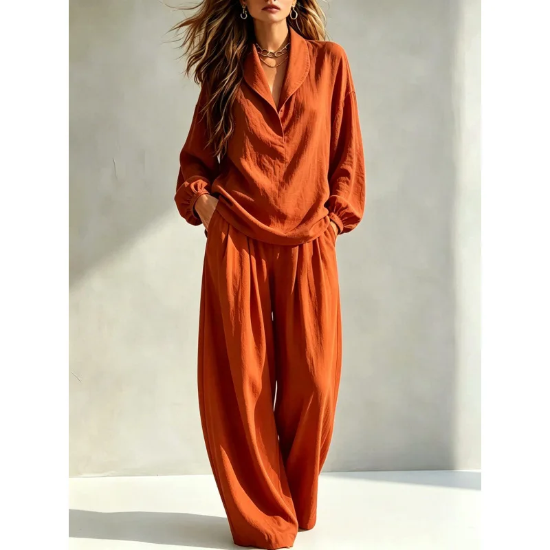 Elegant Women Two Piece Outfits Long Sleeve Blouse Top Wide Leg Pants Matching Set Spring Summer