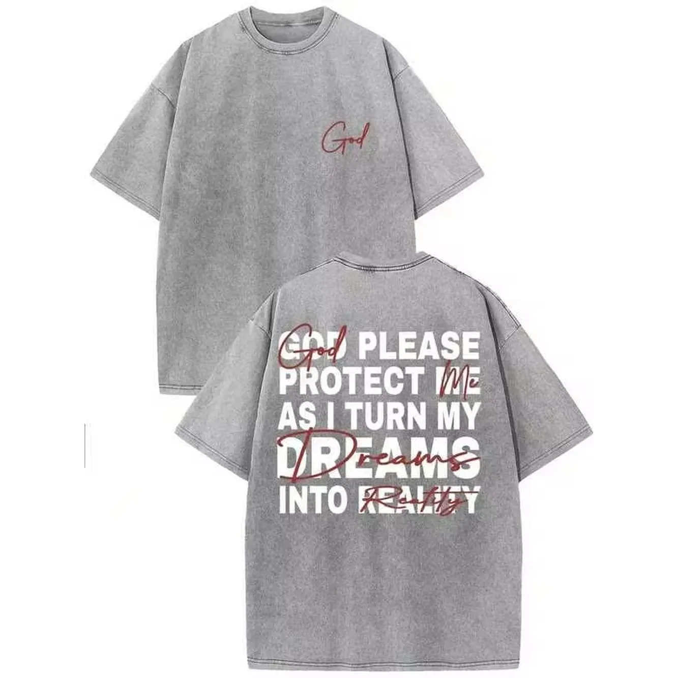 1 Piece, 230G Double-Sided Washed, God Bless Me, Let Me Turn My Dreams Into Reality Printed T-Shirt, High-Quality Wax Printed Cotton Retro Fashion Brand T-Shirt, With A Certain Thickness Suitable For Summer T-Shirts, Holiday Gifts