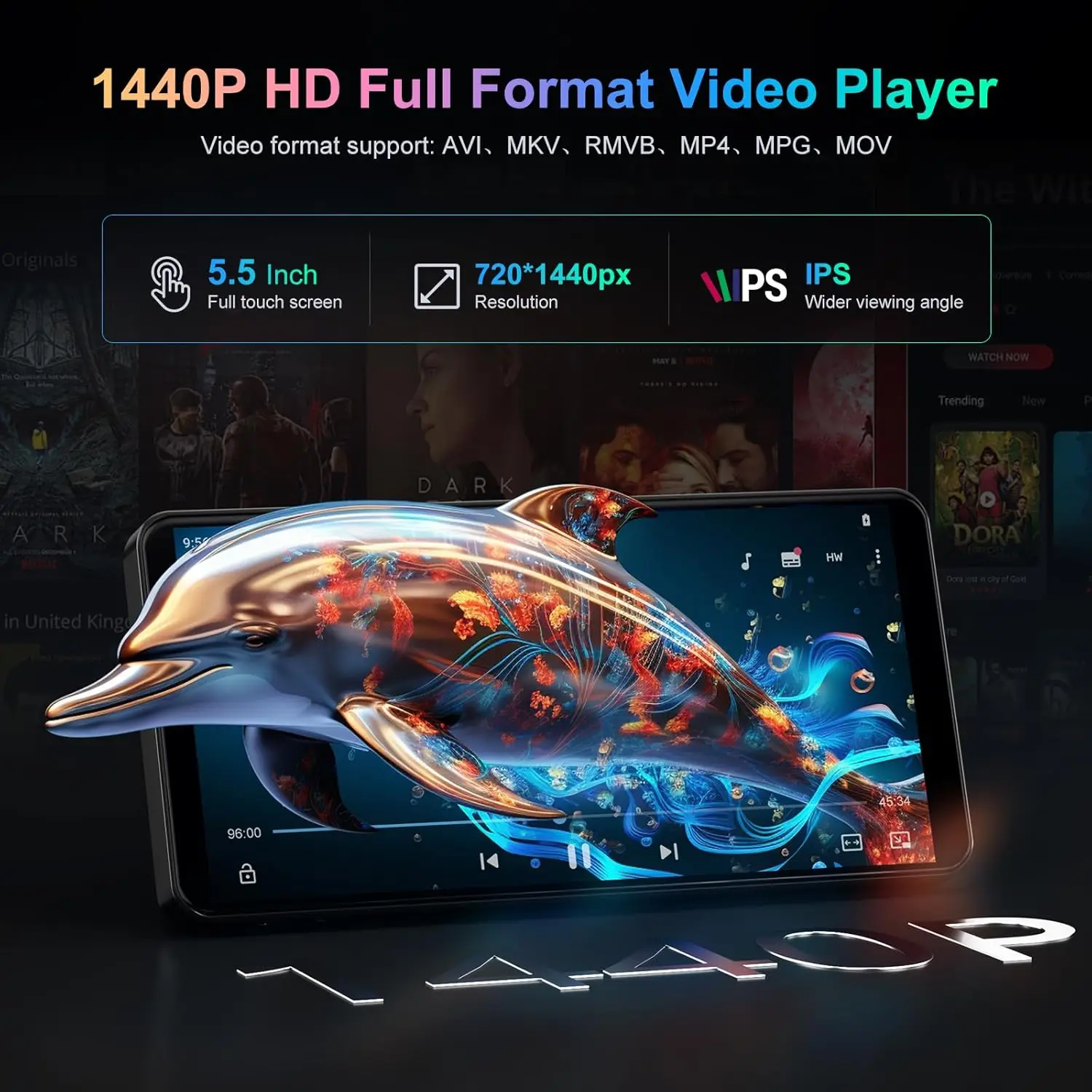 مشغل MP3 مقاس 5.5 بوصة مع كاميرا 13 ميجابكسل، سعة 144 جيجابايت (128 جيجابايت + 16 جيجابايت) مع بلوتوث وواي فاي، أندرويد 13.0، سبوتيفي، ديزر وتشغيل