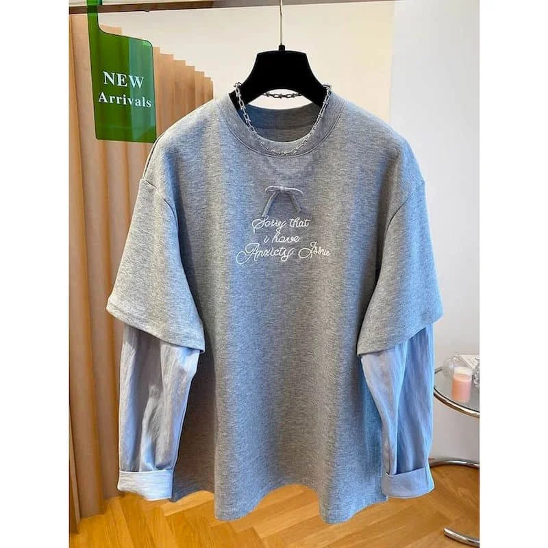 

Solid T-shirts for Women Elegant O-neck Fake Two Pieces Tees Casual Korean Style Long Sleeved Aesthetic Vintage Clothes Trendy