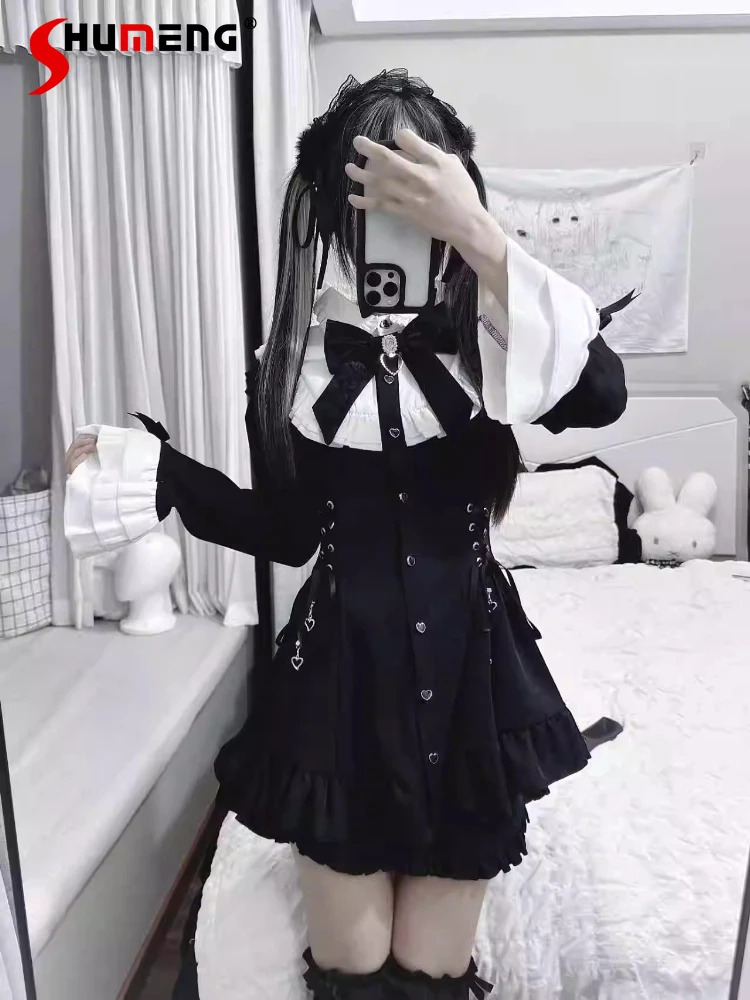 

Japanese Mines Style Mass-Produced Dresses Sets Long Sleeve Lace-up Slim Heart Buckle Short Dress Shorts Two-Piece Set for Women