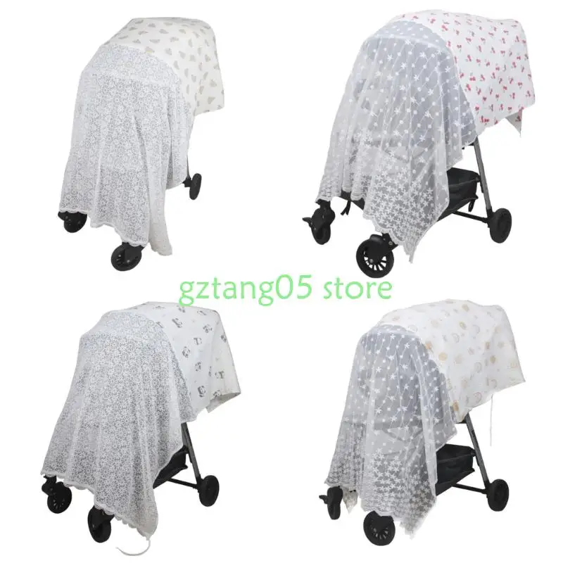 

57EE Soft Cotton Polyester Strollers Fly Net Full Coverage Sun Protections Embroidered Baby Carriage Cover Blanket