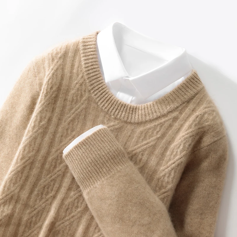 Autumn And Winter New 100% Pure Wool Men's Round Neck Twisted Flower Thick Knitted Sweater Loose Casual Bottoming Shirt