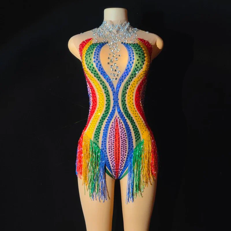 Luxurious Full Colorful Rhinestones Sexy Bodysuit Stretch Jumpsuit Tassel Stage Performance Costumes Drag Queen Outfits DN15273