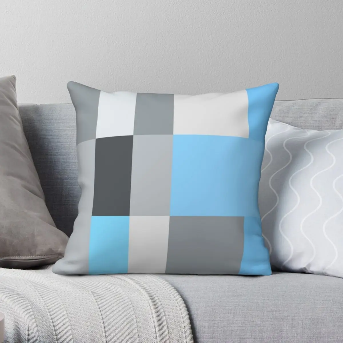 Blue Grey Patchwork Square Pillowcase Polyester Linen Velvet Creative Zip Decor Car Cushion Cover