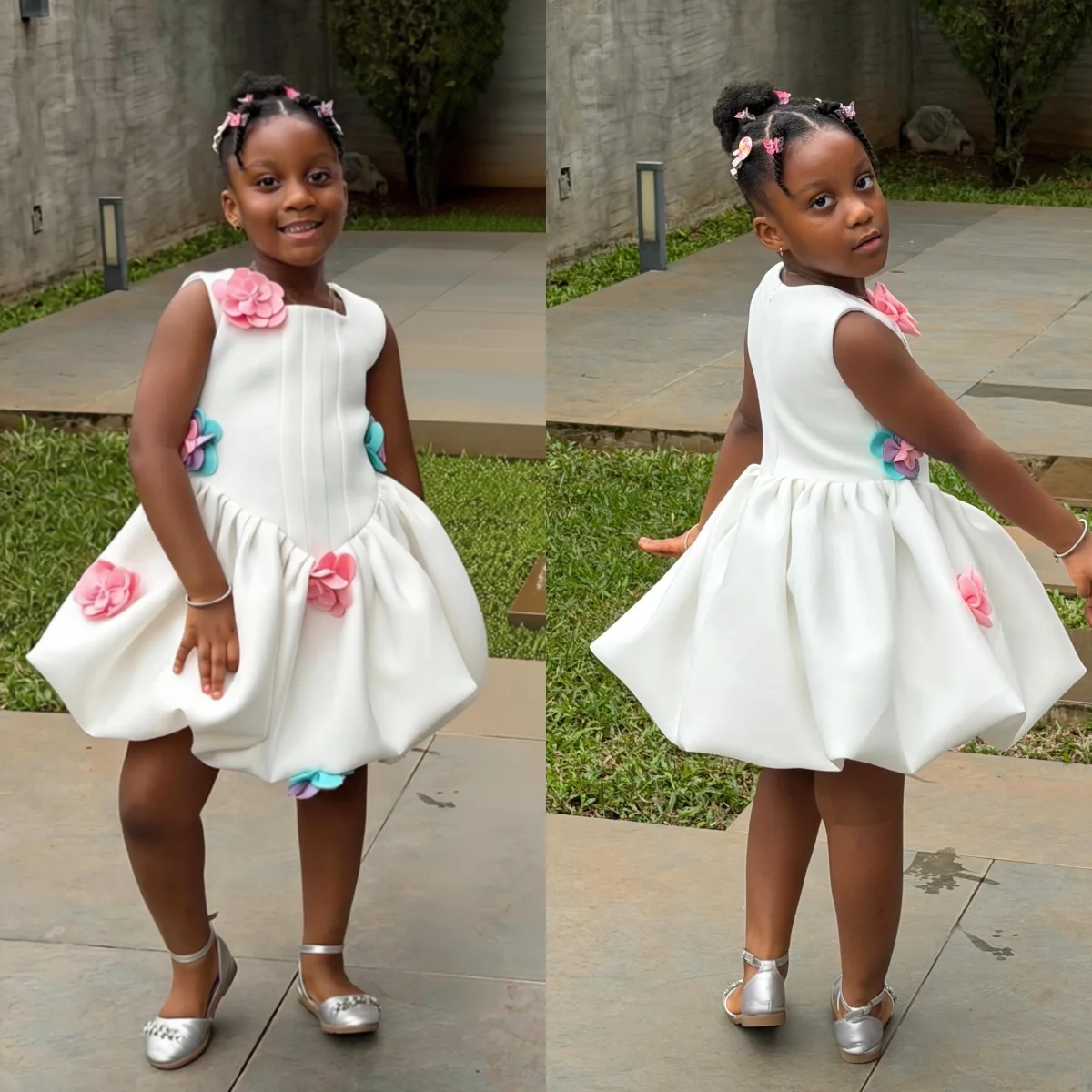 

Customized White Flower Girl Dresses For Wedding 3D Floral Knee Length Kids Birthday Party First Communion Ball Gown