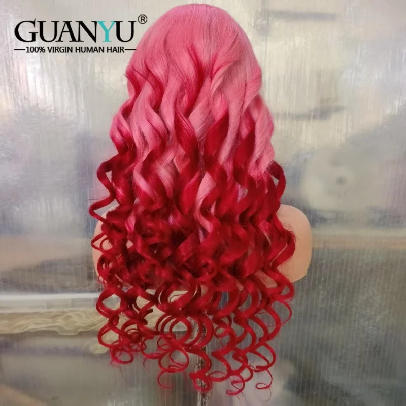 

Ombre Pink-Red 13x6 Hd Transparent Loose Wave Lace Front Wig Colored Human Hair Wigs For Women Brazilian hair