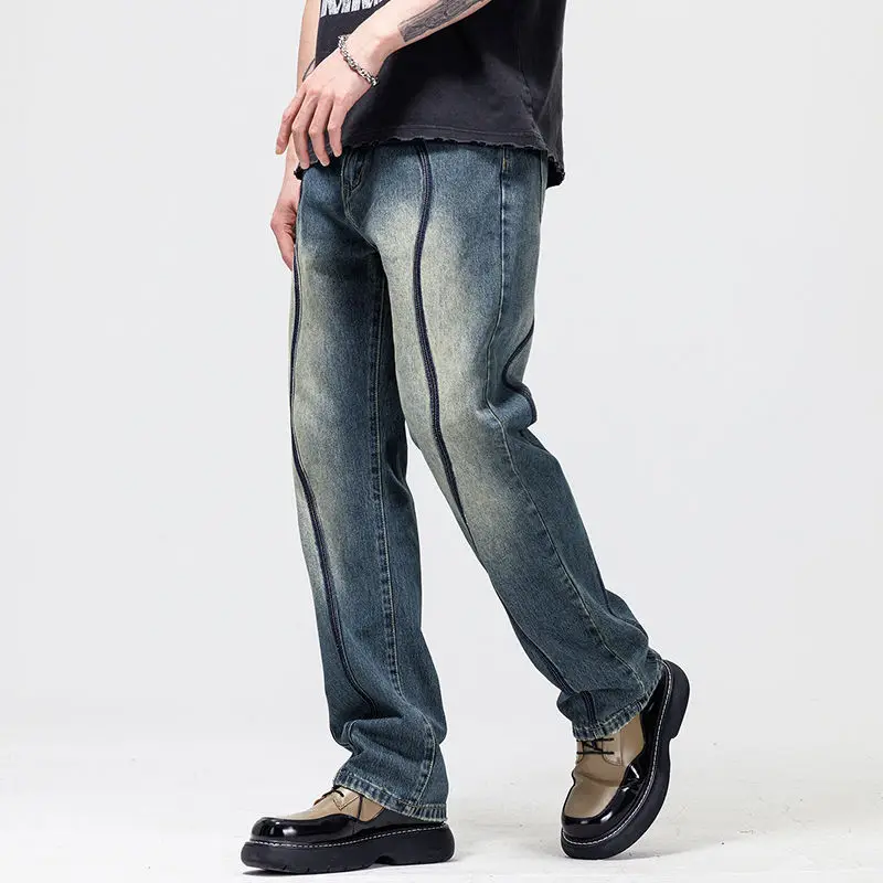 Personalized denim men's straight tube loose fitting vintage blue men jeans  American high street washed spring and autumn pants