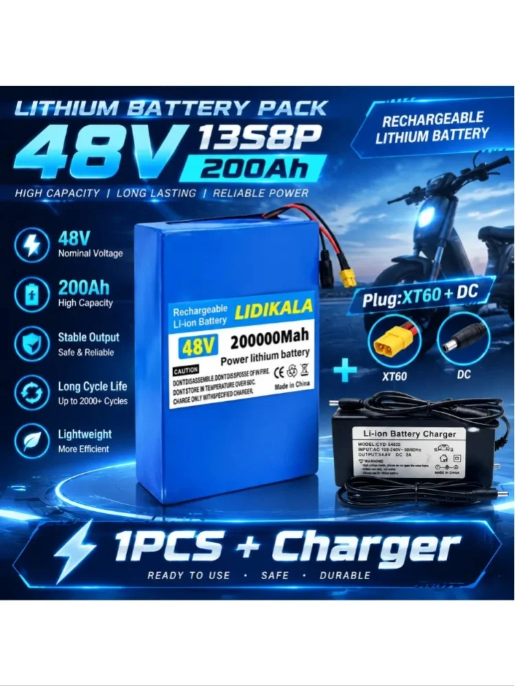 48V 200000mAh Lithium-Akkupack mit Ladegerät, 13S8P Hochleistungs-Li-Ionen-Akku für E-Bike, Elektroroller, Golfwagen, Solarsysteme & Wohnmobile