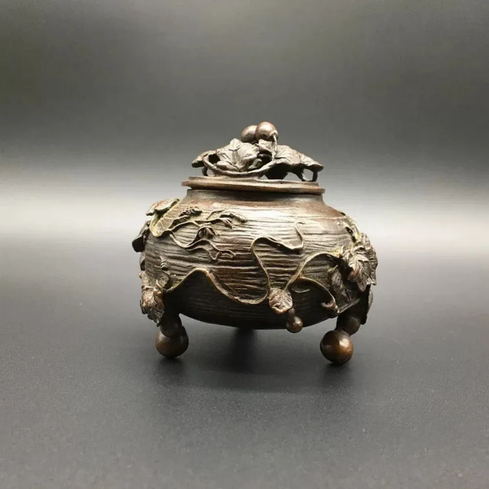 Solid Brass Gourd Incense Burner Antique Patina Many Children Blessings Gourd Vine Relief Home Decor Gift