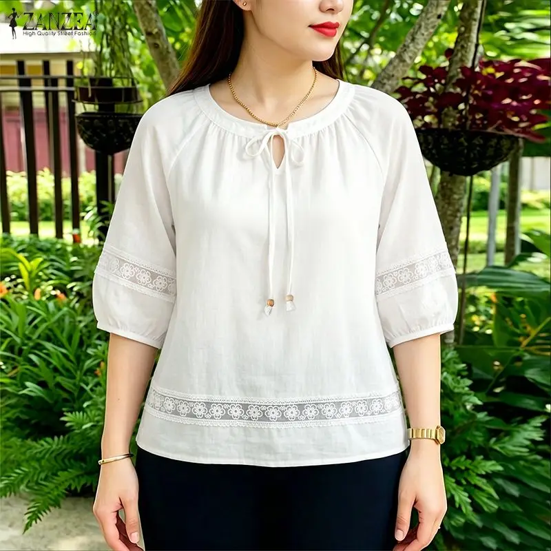 ZANZEA Women's Floral Embroidered Blouse Autumn Lace Patchwork Tie Neck Tops 3/4 Lantern Sleeve Casual Holiday Work Wear Shirt