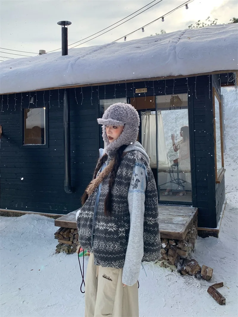 

American Retro Double-Sided Wear Lamb Fur Vest Women's Cotton Jaet Outerwear Fair Isle Pattern Thiened Long Sve Zipper