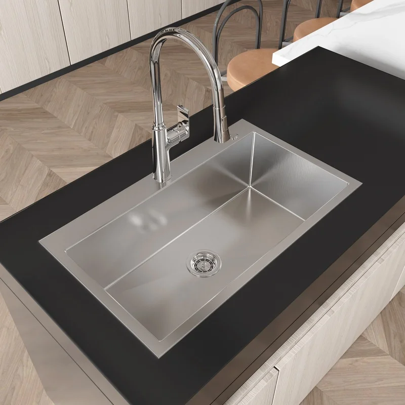 

32" x 19" Brushed Nickel Single Bowl Kitchen Sink, Overmount, US Standard Drain, Handmade, LS-SSBR02