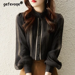 Women's Korean Fashion Ruffled Lace Patchwork Elegant Button Up Shirt Office Lady Black White Long Sleeve Blouse Chic Loose Tops