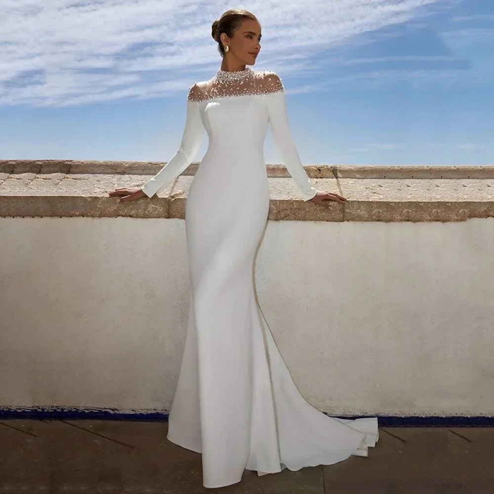 

High Neck Shiny Pearls Mermaid Wedding Dress Customized Simple Long Sleeves vestidos de novia Zip Back Bride Gown