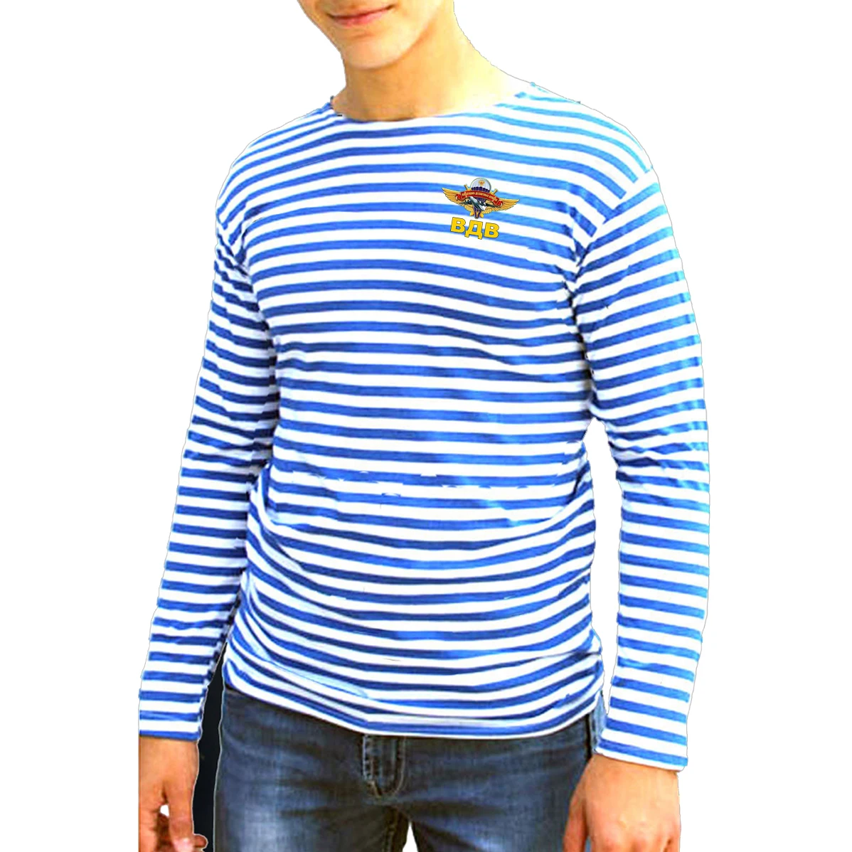 Russian Airborne Troops VDV Badge Paratrooper Stripes T-Shirt Polyeste Cotton Long Sleeve Mens Striped Shirt Telnyashka Tops