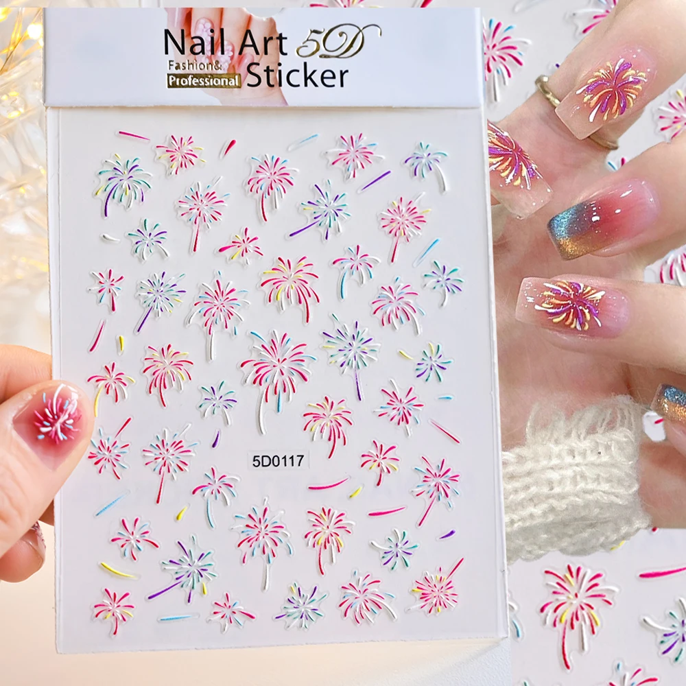 2025 New Year Gorgeous Fireworks Nail Stickers 3D Blooming Fireworks Nail Slider Self-Adhesive Sparkling Fireworks Nail Decorat