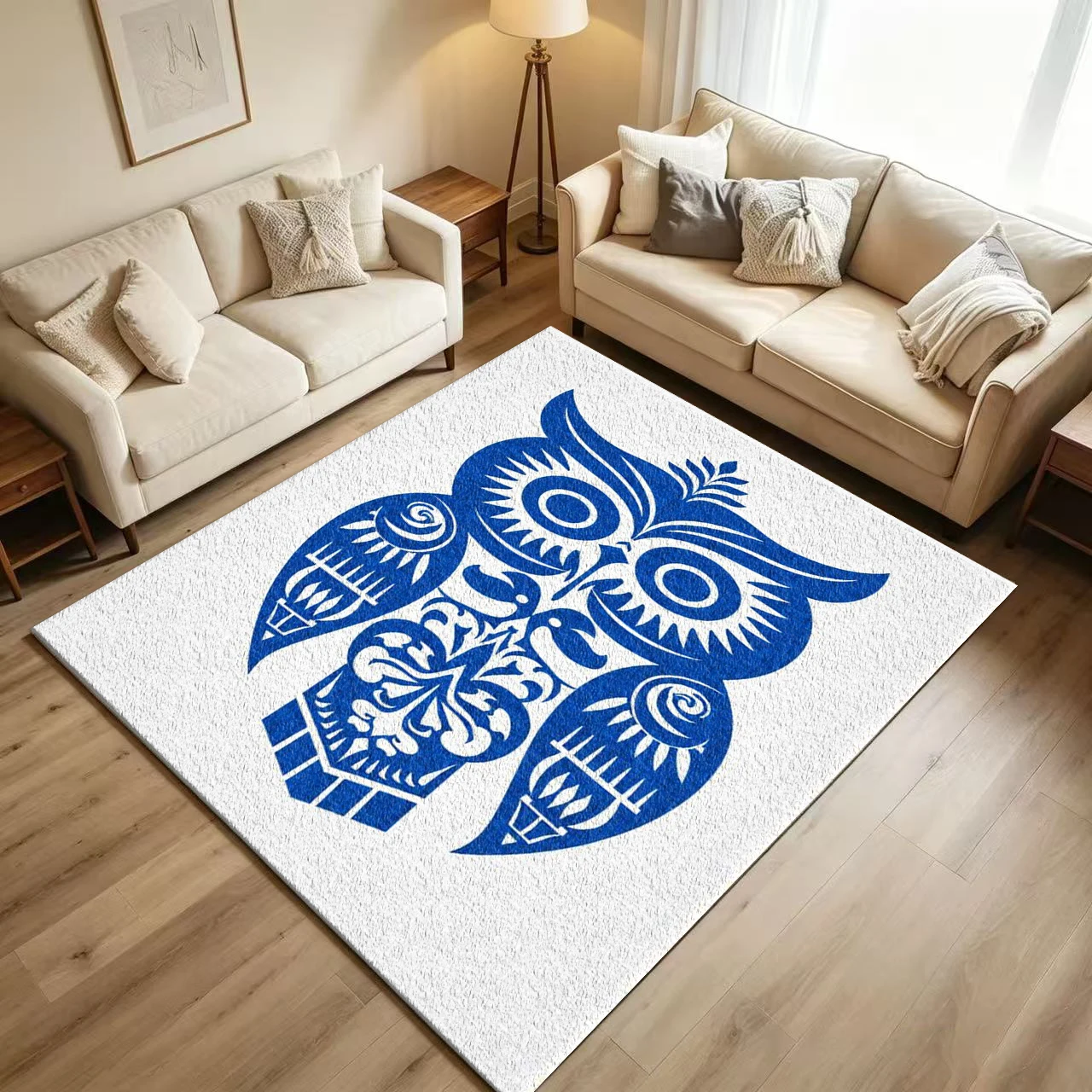 Blue Chinese Paper-Cut Totem Carpet Flooring Traditional Folk Art Abstract Owl Pattern Printed Floor Rug for Household Indoor Cultural Home Decoration