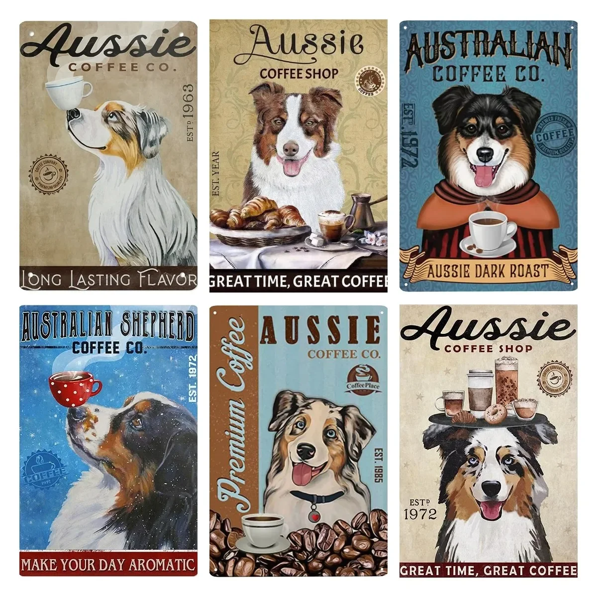 Vintage Metal Sign Long Lasting Flavor Australian Shepherd Coffee Poster Metal  Sign Decor for Home Office and Farmhouse 12x8 In