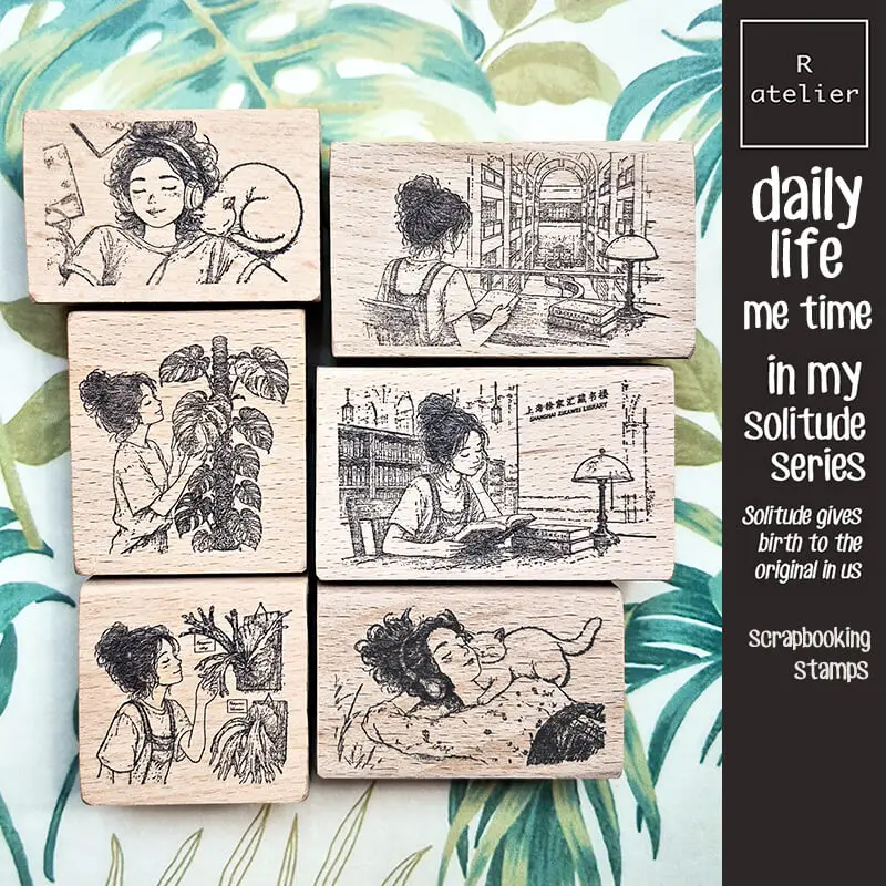 Scrapbooking Stamp Girl Chill Weekend Library Picnic Plant Care Daily Life Journaling Wooden Stamp
