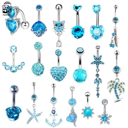 1pcs Cute Cat Blue Crystal CZs Belly Button Ring 14G Stainless Steel Butterfly Heart Dragon Style Dangle Navel Piercing Nombril