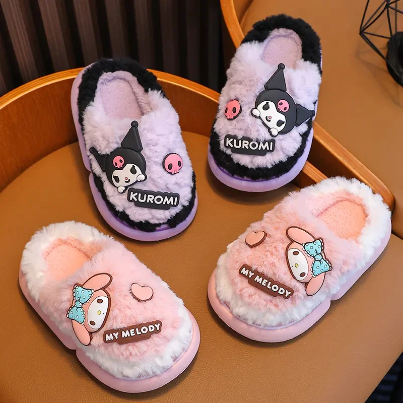 Sanrio kuromi minha melodia cinnamoroll crianças chinelos de algodão grosso feminino interior casa inverno quente grosso dos desenhos animados chinelos macios