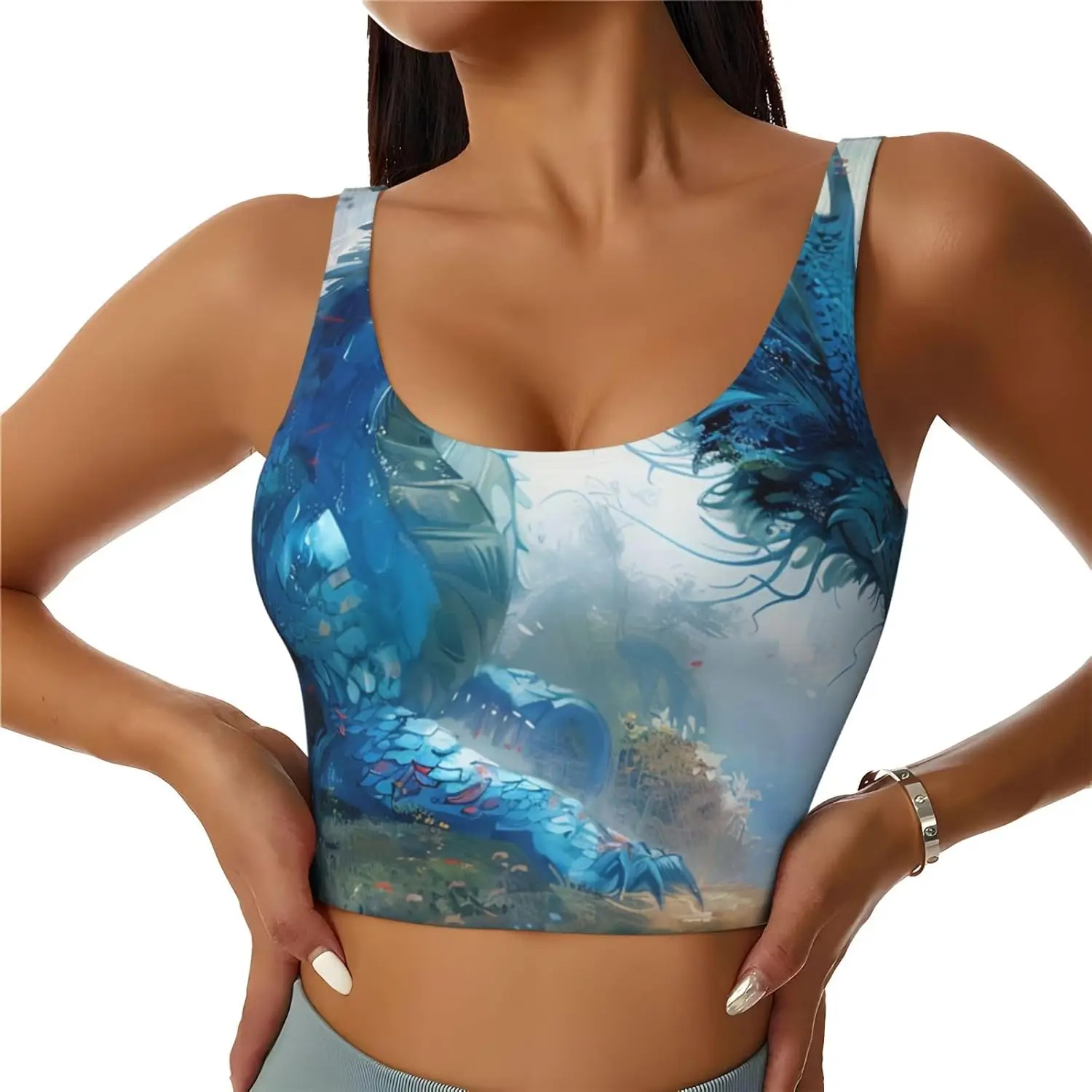 

Sports Vest for Women, Seamless Comfortable Yoga Vest with Removable Pads - Blue Dragon and Girl