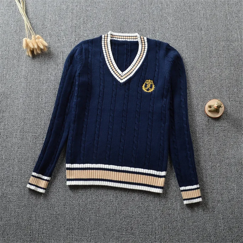 British School Uniform JK Sweater Cute Knitted New Sweater Cotton School Girls Uniform Tops Sweet Long Sleeve Sweater Blue White